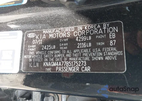 2011 Kia Optima Lx из США, поврежденный, VIN KNAGM4A77B5175273
